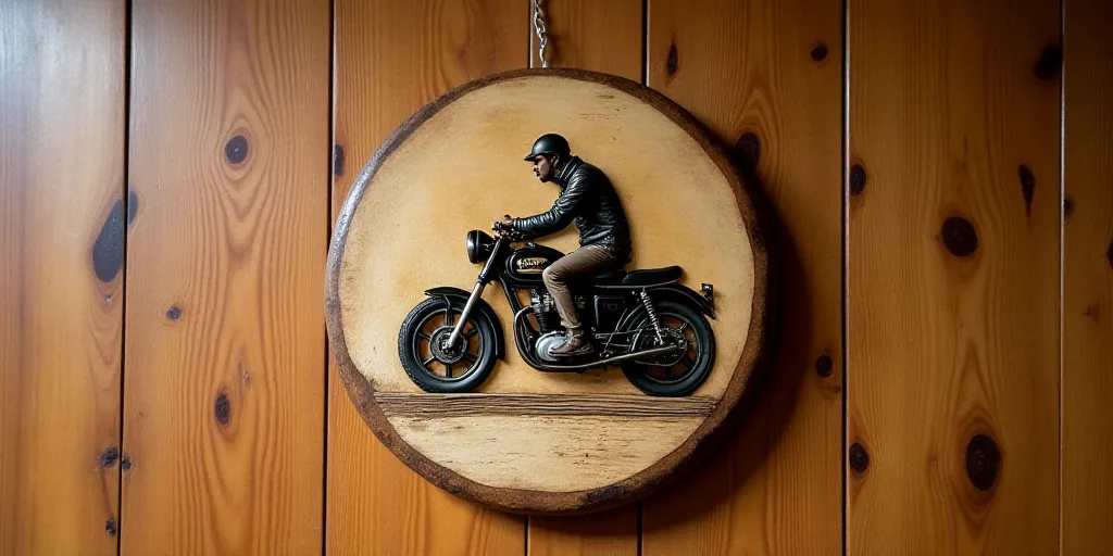 a wooden plaque with a picture of a man on a motorcycle on it's side on a wooden wall, David Ramsay