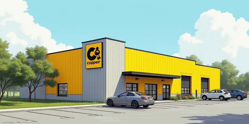 a yellow and gray building with a sign that says go copper on it's side and a parking lot in front o