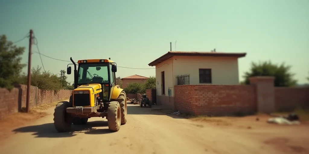 a yellow tractor is parked on a dirt road near a building and a fenced in area with a brick wall, Ed
