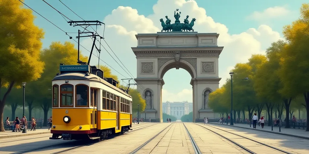 a yellow trolley car traveling past a tall arch in a city park with a statue on top of it, Florence