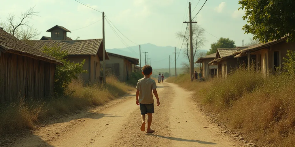 a young boy walking down a dirt road in front of a village with a shack and a few people, Ceferí Ol