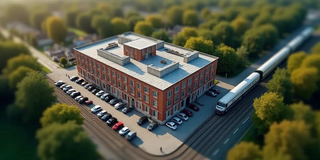 an aerial view of a building with many cars parked in front of it and a train on the tracks, Enguerr
