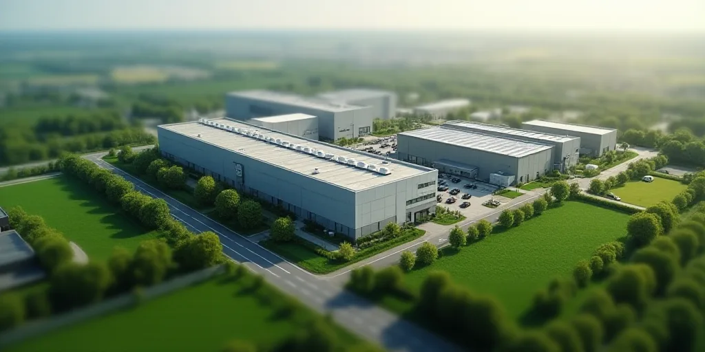an aerial view of a factory building and a road in the foreground with a green field in the backgrou