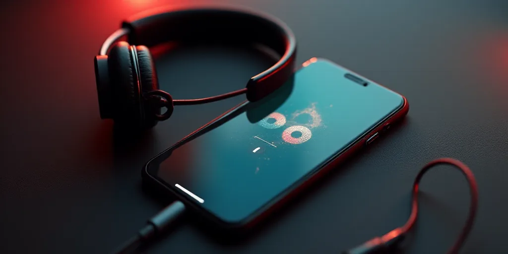 an iphone with a headphone attached to it's earphone cord and a spot of spot music on the screen, An