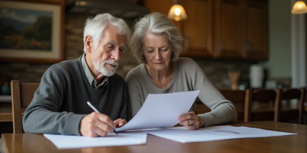 an older couple looking at a piece of paper and a pen in their hands while sitting at a table, Doug