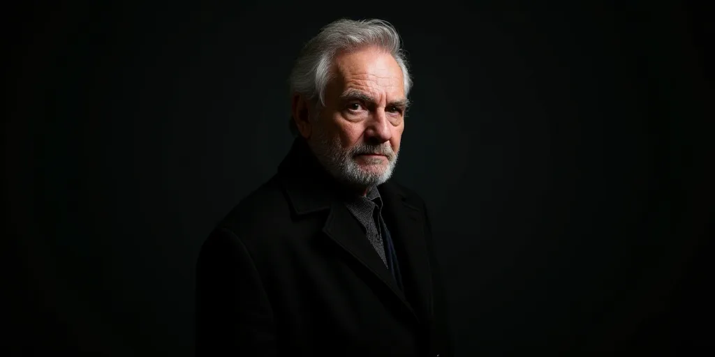 an older man in a black coat looking at the camera with a serious look on his face and shoulders, Cl