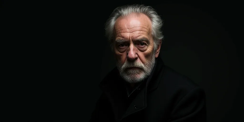 an older man in a black coat looking at the camera with a serious look on his face and shoulders, Cl