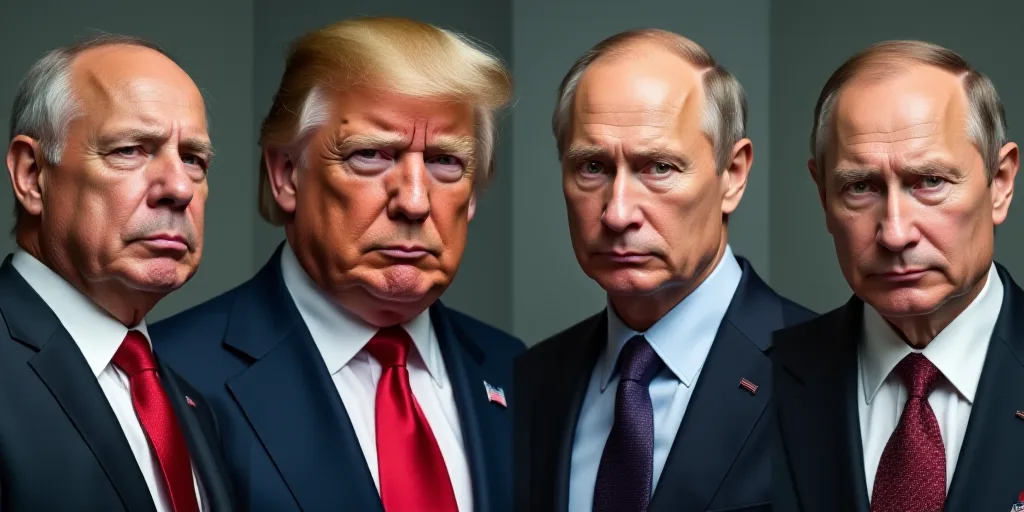 four different faces of donald trump and russian president, including a man in a suit and tie, and a