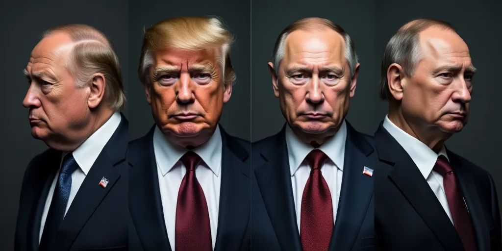four different faces of donald trump and russian president, including a man in a suit and tie, and a