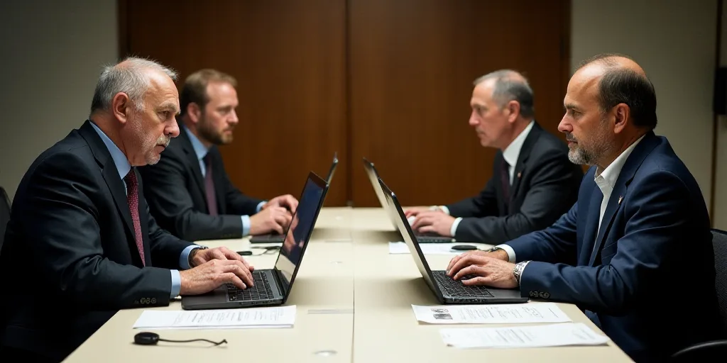 four men sitting at a table with laptops and papers in front of them, all looking at their laptops,
