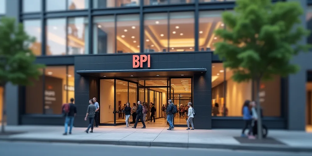 people walking on a sidewalk in front of a bpi building with a sign on it that says bpi, Charles Bil