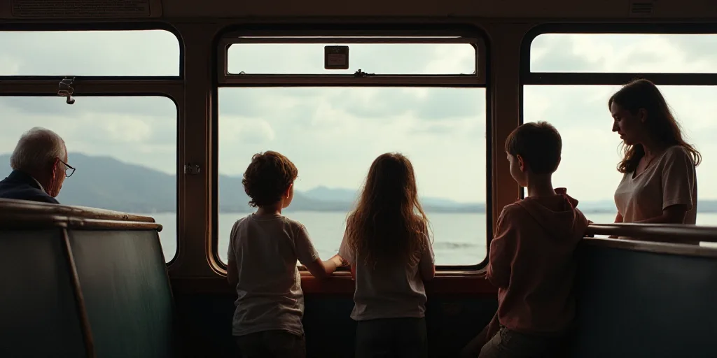 three children standing on a bus looking out the window at the camera man and woman are standing on