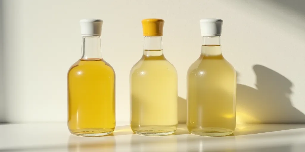 three empty bottles of liquid sitting on a table next to a wall and a wall behind them with a yellow