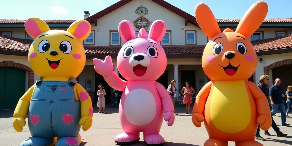 three inflatable characters are standing in front of a building with a sign that says feria de flore