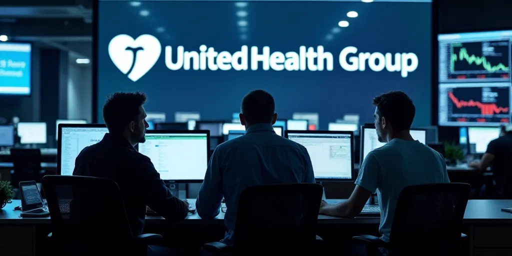 three men are looking at a computer screen in a stock market with a large screen behind them that sa