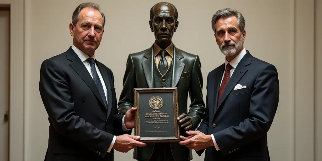 three men in suits and ties holding a plaque and a statue of a man in a suit and tie, Eduardo Lefebv