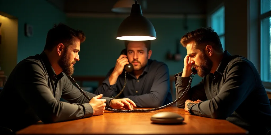 three men sitting at a table with a lamp above them and a phone to their ear, one of them is on the