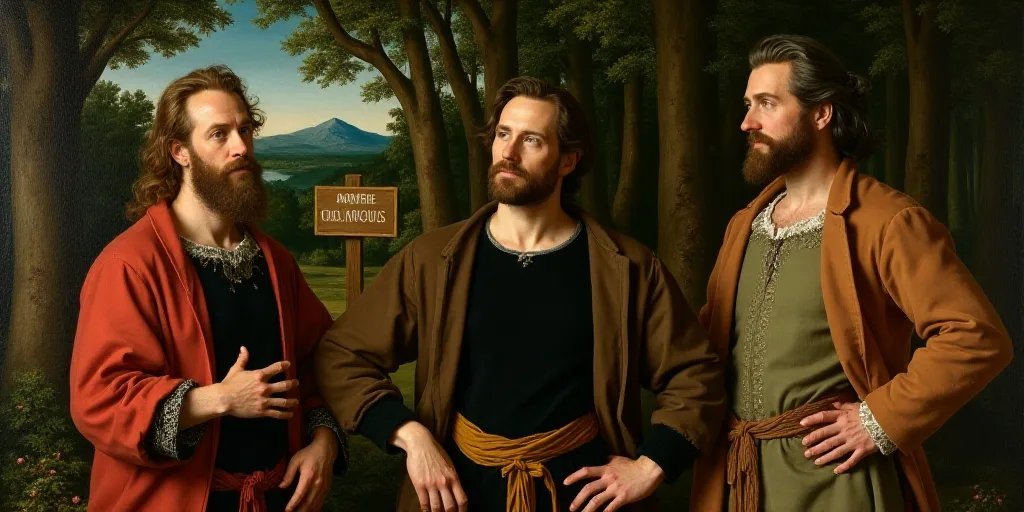 three men standing next to each other in front of a forest with a sign on it that says,, André Fran