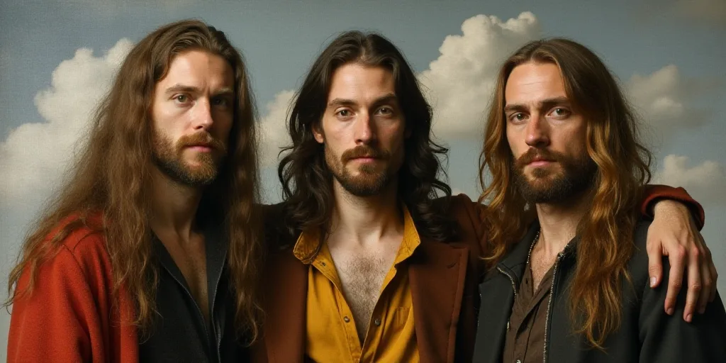 three men with long hair standing next to each other in front of a gray background with clouds in th