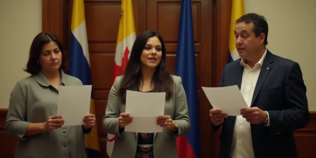 three people holding papers in front of flags in a room with wooden paneling and a wooden door with