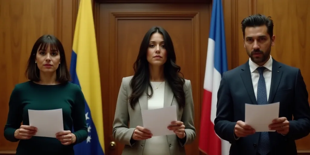 three people holding papers in front of flags in a room with wooden paneling and a wooden door with