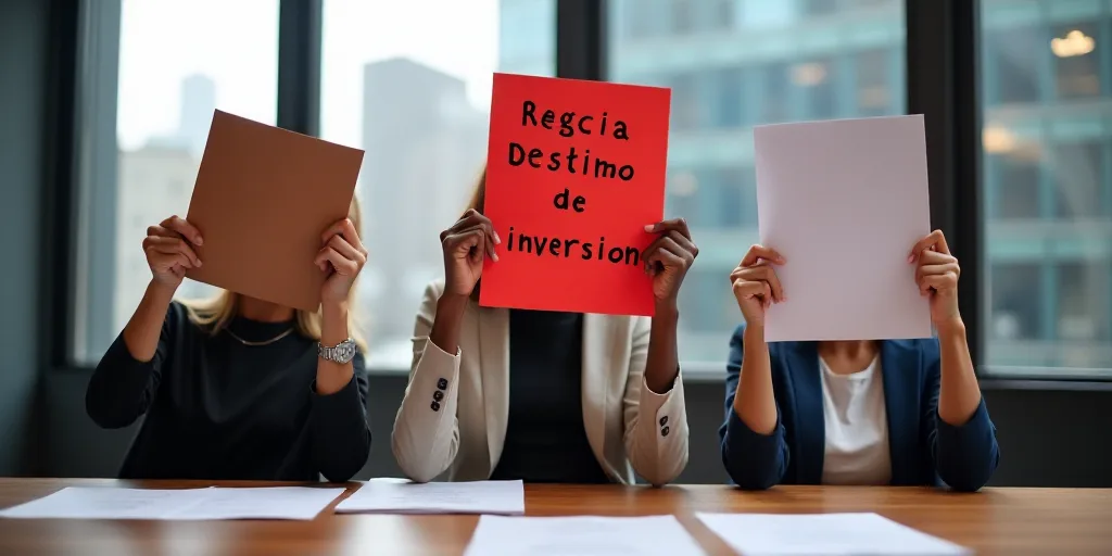 three people holding up papers in front of a table with a red sign behind them that says regcia dest