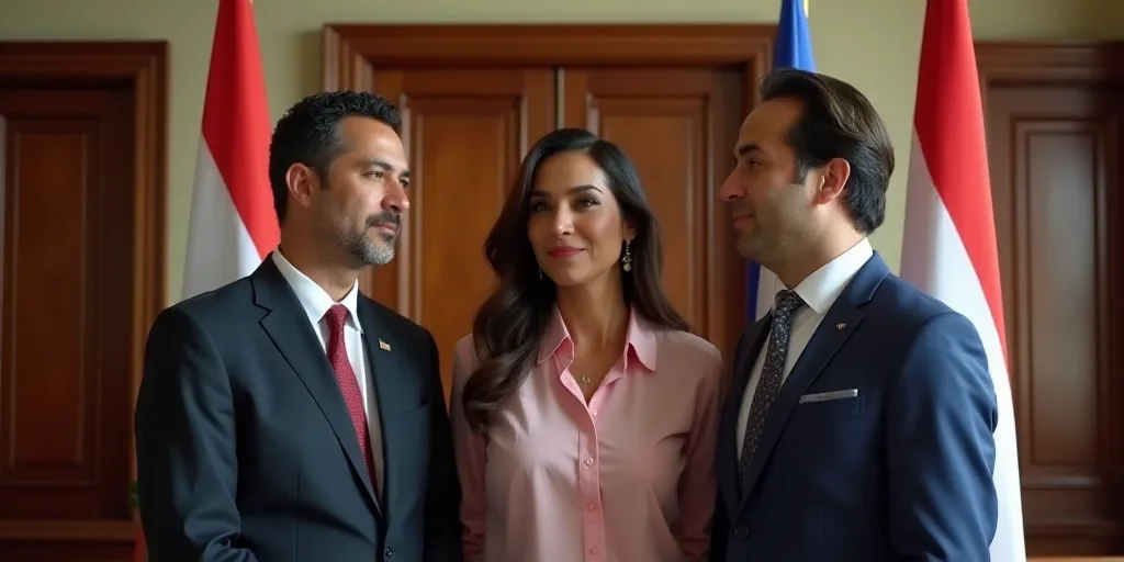 three people standing in front of flags in a room with wooden doors and a wooden door behind them is