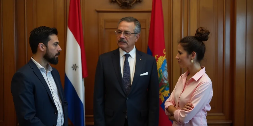 three people standing in front of flags in a room with wooden doors and a wooden door behind them is