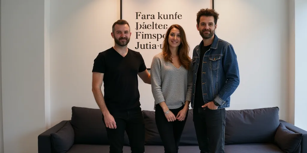 three people standing next to each other in front of a couch and a wall with a sign that says,, Eva