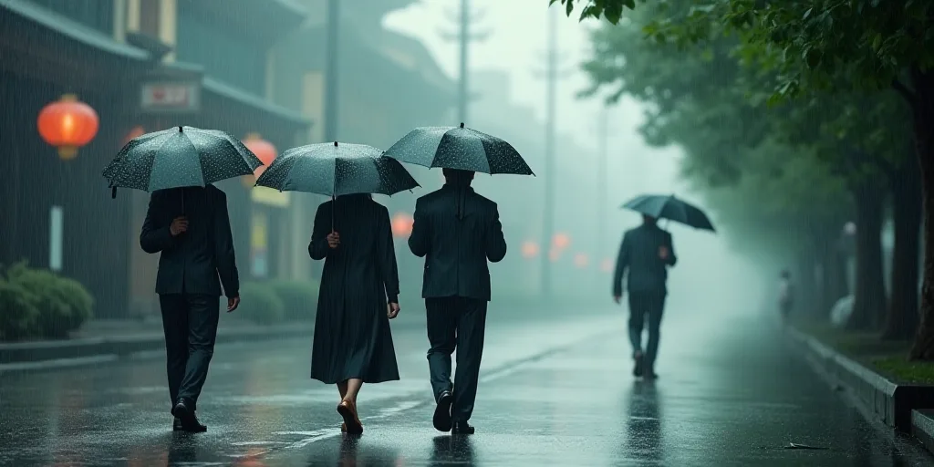 three people walking in the rain with umbrellas in their hands and a man walking behind them in the