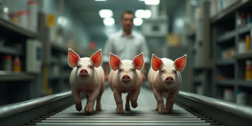 three pigs are walking on a conveyor belt in a factory with a man in the background looking at them,