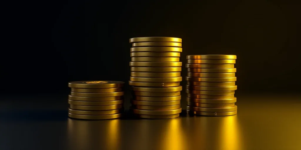 three stacks of gold and black coins with a dollar sign on them, against a black background with a y
