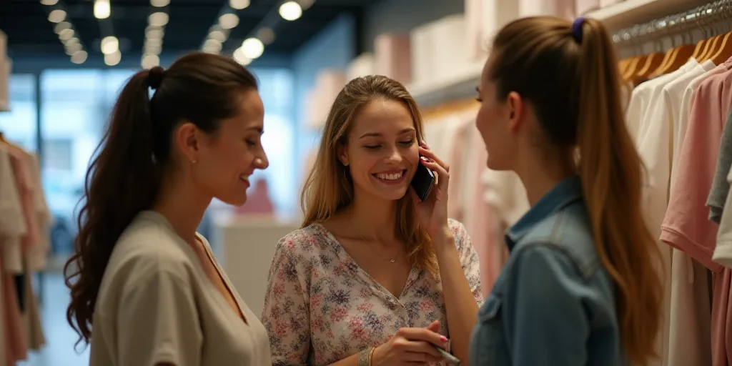 three women are shopping in a store and one is talking on her phone while the other looks at the pro