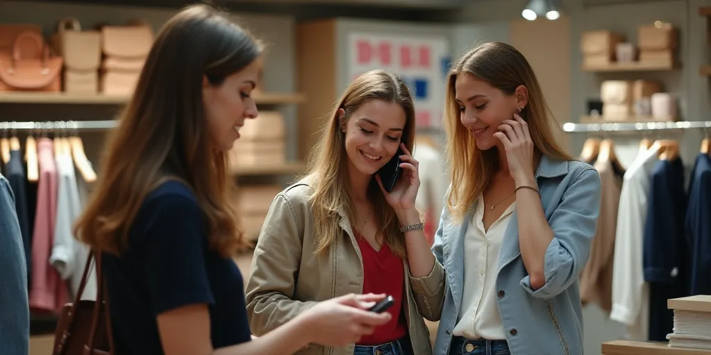 three women are shopping in a store and one is talking on her phone while the other looks at the pro