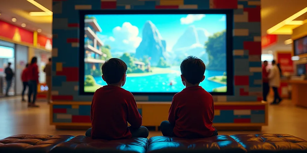 two boys playing a video game on a large screen tv at a lego store in a mall in the uk, Avgust Čern