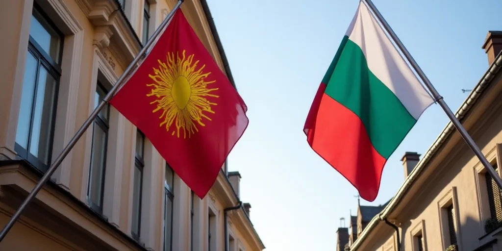 two flags are hanging from a building with a clock on it's side and a flag on the other side, Aquira