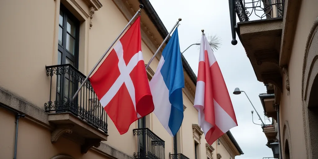 two flags are hanging from a building with a clock on it's side and a flag on the other side, Aquira