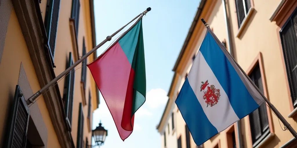 two flags are hanging from a building with a clock on it's side and a flag on the other side, Aquira