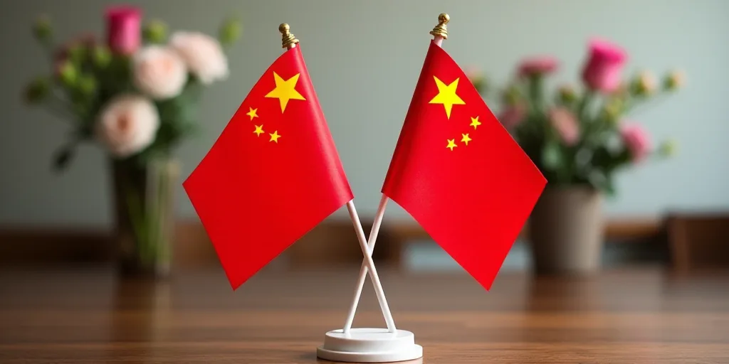 two flags are placed next to each other on a table with flowers in the background and a wall in the