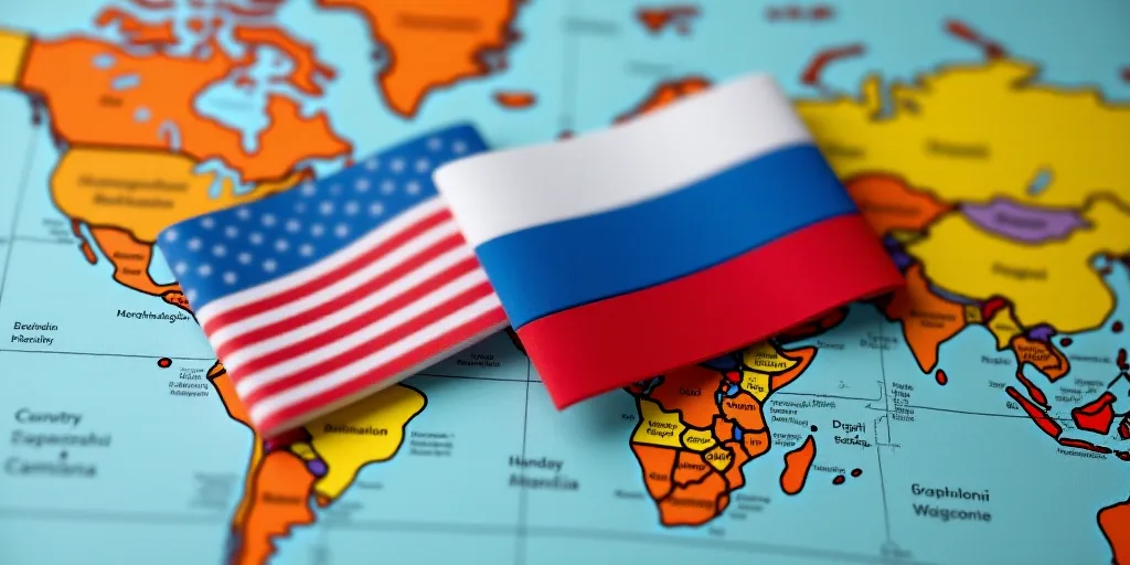 two flags are placed on a map of the world, with a blue and white one on top of the other, Dahlov Ip