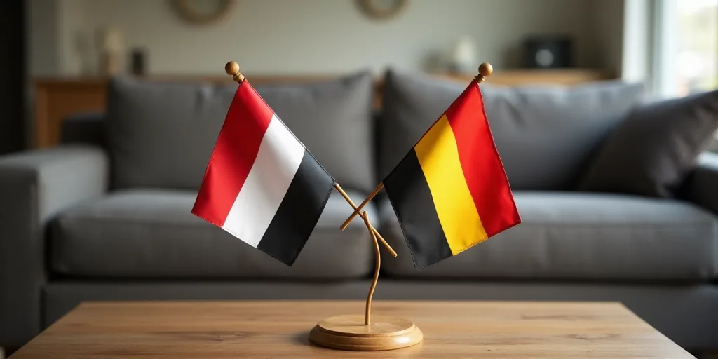 two flags are placed on a table in front of a couch and a coffee table with a couch behind it, Brend