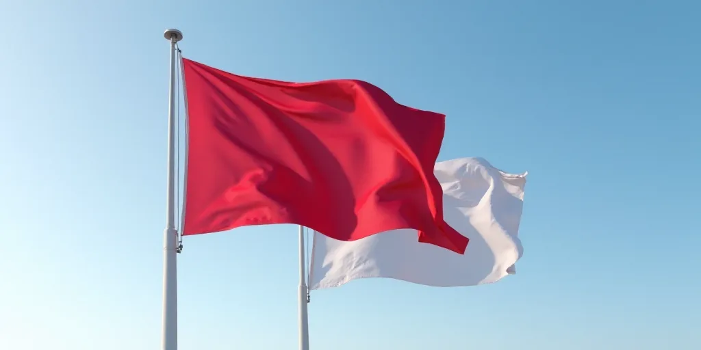 two flags flying in the wind on a clear day with a blue sky in the background and a red one in the f