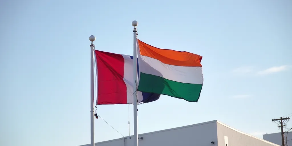 two flags of different countries flying next to each other in the wind with a sky background and a w