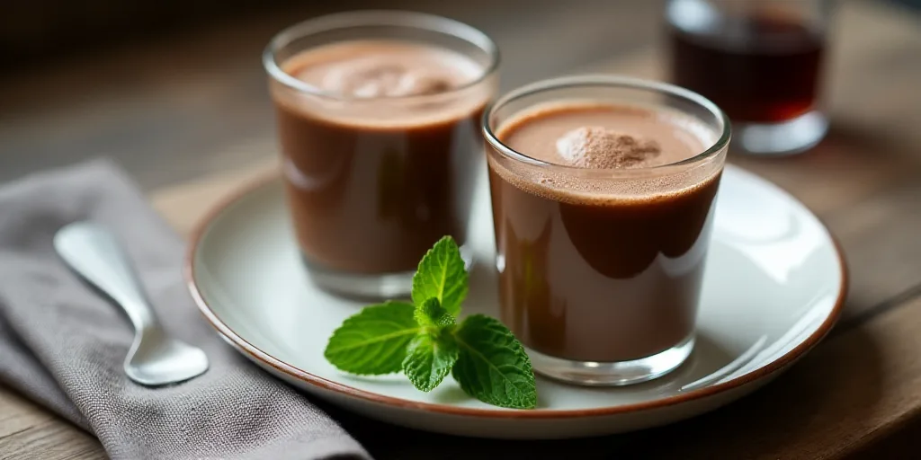 two glasses of chocolate drink on a plate with mint leaves and a napkin on the side of the table, Cl