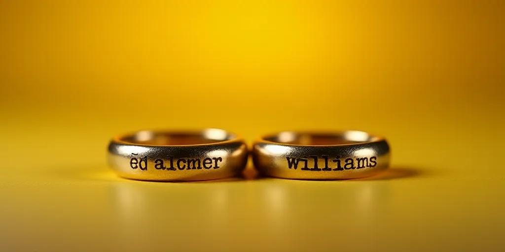 two gold rings with the names of two people on them sitting on a table together, with a yellow backg