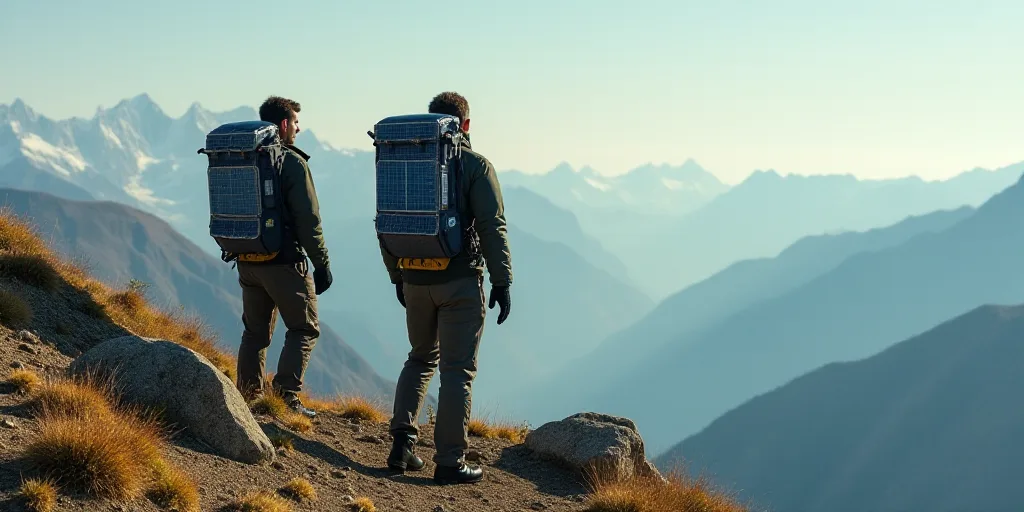 two men are on a mountain with a solar panel on their back and a backpack on their back,, Dave Arred