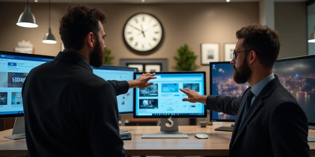 two men are pointing at a computer screen in a store with a large clock on the wall behind them, And