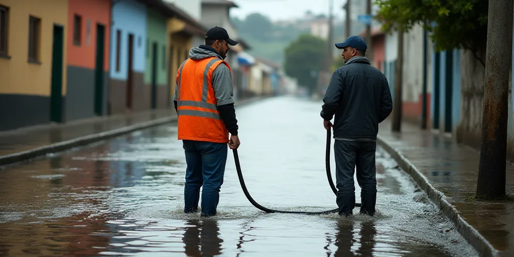 two men are standing in a flooded street with a hose attached to a pole and a hose is connected to a