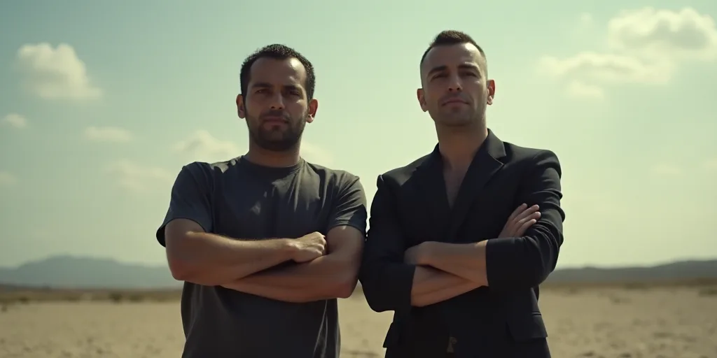 two men are standing next to each other with their arms crossed in front of them, with the words oye