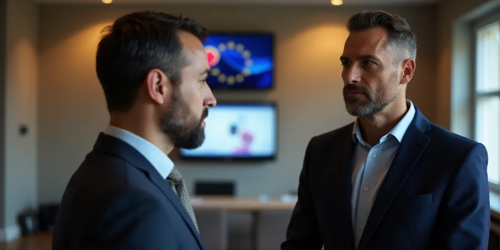 two men are talking to each other in a room with a flag on the wall behind them and a television on